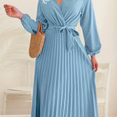 Womens Wrap Tie Dress Casual Fall V Neck Pleated Long Sleeve Solid Flowy Dress For Party Wedding Guest