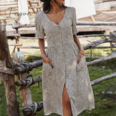 Ingvn - Ladies Vintage Sexy Leopard Print Summer Dress Women Slim Casual High Waist Button Bohemian Women Beach Dress Vestidos Female