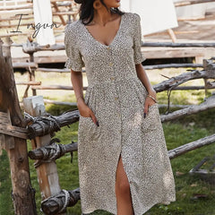 Ingvn - Ladies Vintage Sexy Leopard Print Summer Dress Women Slim Casual High Waist Button Bohemian Women Beach Dress Vestidos Female