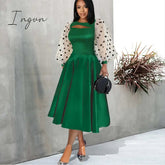 Ingvn - Women Long Sleeve Skater Dress See Through Tulle Dots Contrast Flared Swing Shimmer Dress Elegant Spring Summer Big Size Outfit