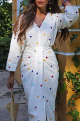 Ingvn - Casual Embroidery Slit V Neck Long Sleeve Dresses