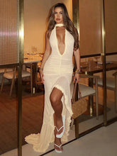 Halter Hollow Out Sexy Maxi Dress Women Gown Fashion Elegant Sleeveless Backless Bodycon Ruffle Club Party Dress New