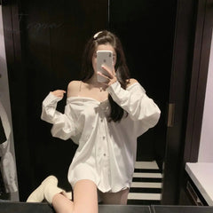 Ingvn - Sexy Off shoulder Top Women Button up White Shirt Long sleeve Chiffon Blouse With Chain Ladies Office Casual