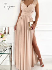 Ingvn - Female Short Butterfly Sleeve Split Fork Party Dress Solid Slim V Neck High Waist Dress Women Casual Summer Maxi Dress Vestidos