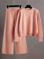 Cozy Knit Pants Set - Soft Long Sleeve Crew Neck Drop Shoulder Sweater, Drawstring Waist Wide Leg Pants, Comfortable Women's Clothing Outfit for Casual Daily Wear - Autumn Winter Fashion Essentials