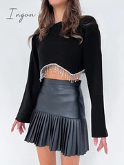 Ingvn - Loose Rhinestone Women Crop Top 2023 Spring Long Sleeve O-neck Tassel Hem Female T-shirt Casual Chic Streetwear Lady Tshirt