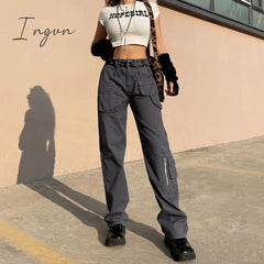 Ingvn - Vintage Streetwear Cargo Pants Women Harajuku Street Loose Straight Women Jeans Casual Slim Versatile High Waisted Jeans Pants