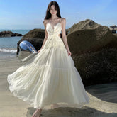 New Elegant Sweet Solid Women Long Dress Sleeveless Spaghetti Strap High Waist Sexy Slim Holiday Beach Dresses Summer
