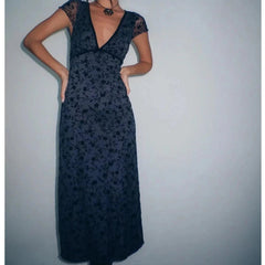 New Women Navy Blue Floral Print Mesh A-line Midi Dress High Waist V Neck Short Sleeve Summer Dresses Vintage Robe