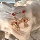 New Retro Trend Design Red Heart Crystal Earrings Gold Color Cross Pendant Rhinestone Earrings for Women Jewelry Party Gift 2022