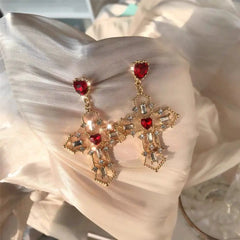 New Retro Trend Design Red Heart Crystal Earrings Gold Color Cross Pendant Rhinestone Earrings for Women Jewelry Party Gift 2022