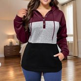 Ingvn - Autumn Winter New Arrival Color Block Splicing Kangaroo Pocket Hoodie Drawstring Versatile Loose Pullover Sweatshirt Women