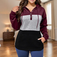 Ingvn - Autumn Winter New Arrival Color Block Splicing Kangaroo Pocket Hoodie Drawstring Versatile Loose Pullover Sweatshirt Women