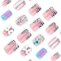Ingvn 24pcs French Press on Nails Black and White Zebra Print Rhinestone Fake Nails Mid Square Nail Tips Artificial Nails for Sticking