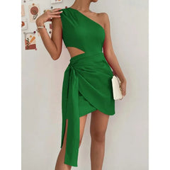 Ingvn Women's One Shoulder Cutout Wrap Mini Dress Tie Waist Bodycon Party Dress Elegant Clubwear
