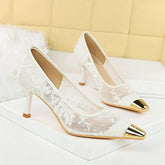 Ingvn Fashion Metal Square toe Lace Air Mesh Women Pumps Elegant Thin High heels Office Lady Shoes Spring Autumn Party Dress Shoes
