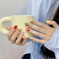 Summer Fresh Fruit Fake Nails Set Press On Finished Round Nail Tips 10PCS Handmade Cute Short Almond French False Nails Wearable