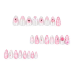 Ingvn 24Pcs Cute Pink 3d Flower Bow Almonds Medium Long Cheap False Nails Prosthetic Nail Set Sweet Paste Nails Nails Press On