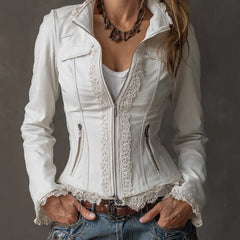 Ingvn Women's Zip-up PU Leather Jacket Turn Down Collar Lace Trim Elegant Fashion Long Sleeve Slim Casual American Retro Jacket Tops