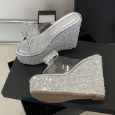 Ingvn PVC Transparent Women Platform Slipper Fashion Crystal Rhinestone Bowknot High Heels Wedge Sandals Summer Party Dress Shoe