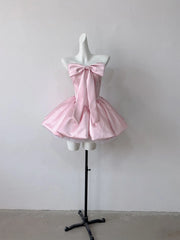 Ingvn Summer French Elegant Sweet Princess Birthday Party Pink Dress Bow Strapless High Waist Lace-up Puffy Short Dress for Women