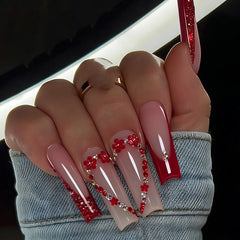 Ingvn 24Pcs Extra Long Red French False Nails Set Simple Sqaure Press on Nails with Flower Shape Rhinestone for Women Fake Nail Art