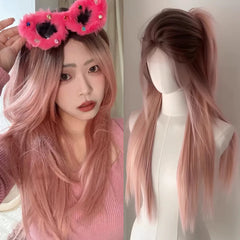 Ingvn Long Wavy Ombre Pink Lolita Wig Synthetic Natural Cosplay Small Area Lace Wig Halloween Party Costume Wig for Women Daily Wear