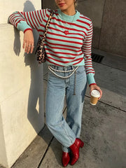 Ingvn - Women Striped Knit Sweater Mint Green Red Crew Neck Long Sleeve Contrast Trim Casual Pullover Jumper Top