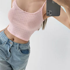 Ingvn 4 colors Sexy Women White Bow O neck Knitted Hollow Out hole Tank Top Slim T-shirts Summer Girl Base Camisole Crop top