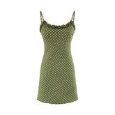 Ingvn Vintage French Style ArmyGreen Polka Dot Print Wood ears O neck Sling Dress Women a-lined Short Dresses Femme Vestidos Robe