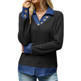 Ingvn Autumn Women's Collared 2 In 1Pullover Long Sleeve Button Top |buttoned Cuffs Shirttail Hem Color Collar Top Casual Pullove