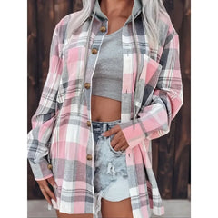 Ingvn Plus Size Women Fashion Plaid Printed Hoodies Shirt Blouse Ladies Casual Loose Long Sleeved Shirt Lapel Design Shirt Tops