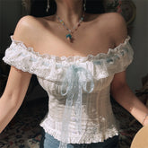 Ingvn French Style Embroidered Lace Drawstring Shoulder Bridesmaid Shirt White Summer Vacation Top Women's Slim Fit Short Sleeve