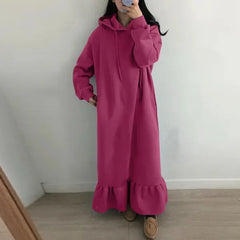 Ingvn New Women's Autumn and Winter New Style Fleece Hooded Base Sweater Dress Ladies Casual Straight Pocket Loose Hooded Long Dress