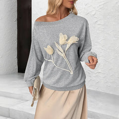 Ingvn - European American New Autumn Winter Women Sweatshirt 3d Floral Design Long Sleeve Off Shoulder Loose Casual Versatile Pullover