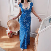 Ingvn Blue Polka Dot Lace Bubble Sleeve Long Dress Chenopod Spring Summer Vintage Style Holiday Dress Women's H Version Polyester