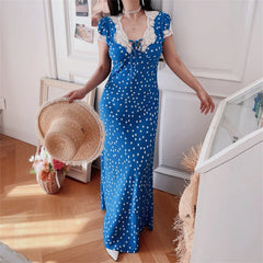 Ingvn Blue Polka Dot Lace Bubble Sleeve Long Dress Chenopod Spring Summer Vintage Style Holiday Dress Women's H Version Polyester