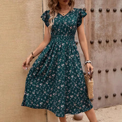 Ingvn Fashionable Elegant Women V Neck Waist Tie Flutter Sleeve Printed Dress