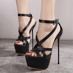 Ingvn Summer Sexy 17CM Women Platform Sandals Fashion Open Toe Buckle Strap Super Thin High Heels Stripper Pole Dance Shoe Black