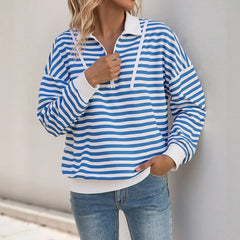 Ingvn - Women Striped Pullover Hoodie Loose Long Sleeve Autumn Winter Casual Zipper Polo Collar Sweatshirt