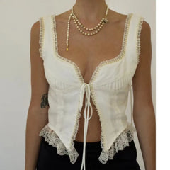 Ingvn Sexy White Spliced Lace Front Metal Hook Buttons Corset Women Back Bow Lacing up Strap Camisole Tank Tops Rope Crop Top