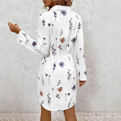 Ingvn Women's Floral Print Lapel Long Sleeve Button Front Pleated Waist Casual Shirt Dress