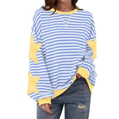 Ingvn - Women Casual Striped Sweatshirt Spring Star Patchwork Round Neck Long Sleeve Loose Pullover Daily Wear
