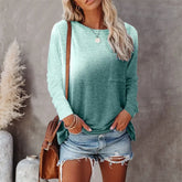 Ingvn - Women Autumn Winter Gradient Tie Dye Pocket Crew Neck Loose Long Sleeve Casual T Shirts
