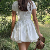 Ingvn Sweet Women Ruched Chest Fish bow Waist Corset Style Dress Short Sleeve Cross Bandage Lacing up Back Bodycon Mini Party Robe