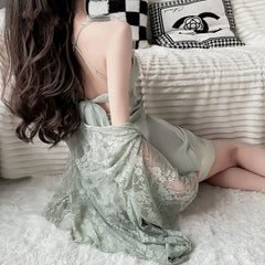 Ingvn Elegant Pure Love Melody Sexy Backless Strap Knot Chemise Nightgown Robe Lace Thin Silk V-neck Women's Sleepwear
