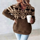 Ingvn - European American Autumn Winter New Arrival Half Zip Fleece Sweatshirt Casual Coat Geometric Pattern Stand Collar Top Women