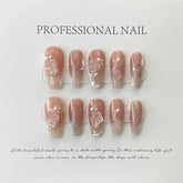 Ingvn 10Pcs Handmade Press on Nails Long Ballet Blue Fake Nails with 3D Ocean Moon Rhinestone Design False Nails Full Cover Nail Tips