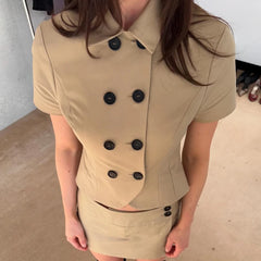 Ingvn Women Summer Y2k Short Sleeve Coat Double Breasted Shirt Solid Color Lapel Turn-down Collar Slim Fit Blouse Crop Tops