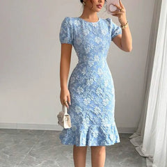 Ingvn Women's Floral Jacquard Midi Dress Puff Sleeve Ruffle Hem Bodycon Dress